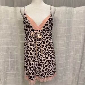 Leopard Print Babydoll Nightgown Pink Ruffle Trim Satin Bow Chemise Sleepwear